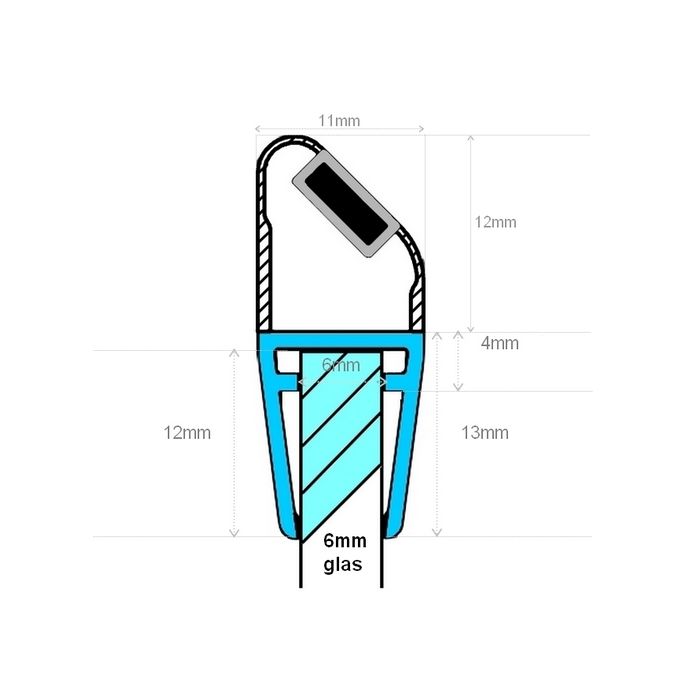 Exa-Lent Universal sample piece of shower rubber type DS16 - 2cm length and suitable for glass thickness 6mm - magnet 45 degrees