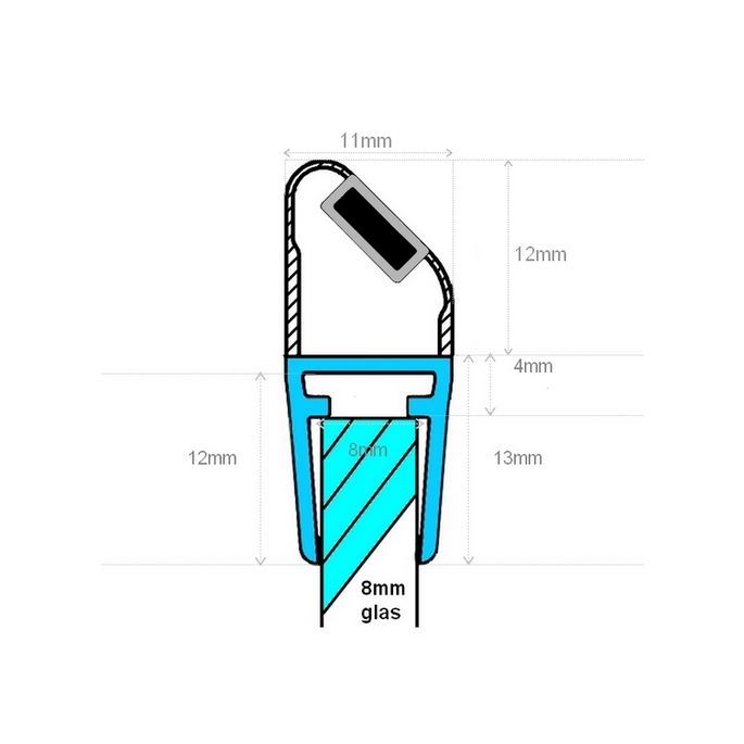 Exa-Lent Universelles Musterstück aus Duschgummi Typ DS16 - 2cm Länge und geeignet für Glasdicke 8mm - Magnet 45 Grad