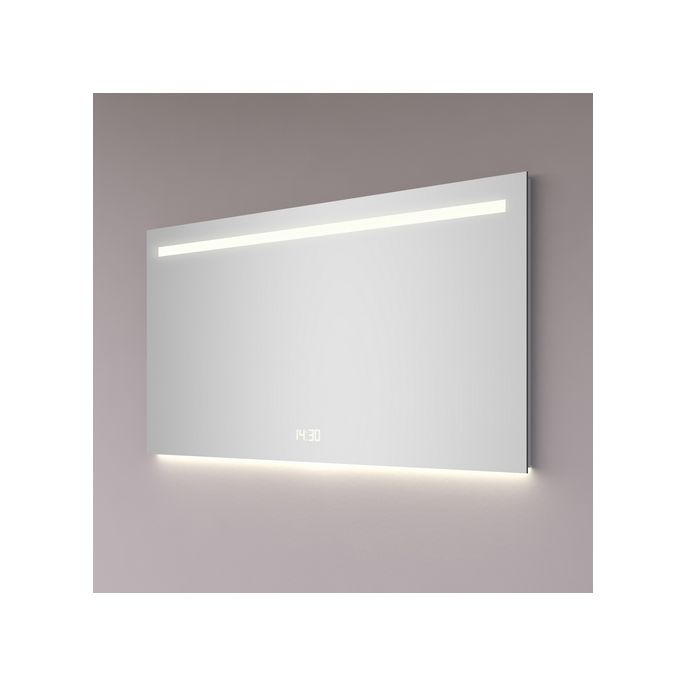 Hipp Design SPV 5040.70 spiegel 120x70cm met 1 horizontale LED baan, digitale klok, indirecte verlichting onder en spiegelverwarming