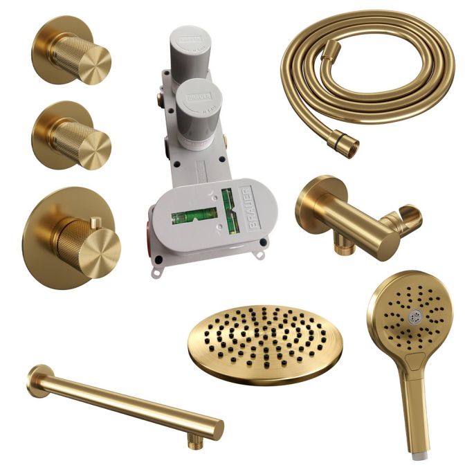 Brauer Carving 5-GG-103 thermostatische inbouw regendouche SET 07 met 20 cm douchekop en rechte muurarm en 3-standen handdouche en doucheslang en wandaansluitbocht goud geborsteld PVD