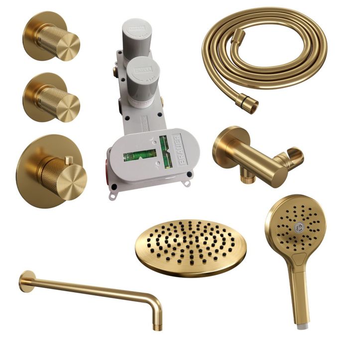 Brauer Carving 5-GG-105 thermostatische inbouw regendouche SET 09 met 20 cm douchekop en gebogen muurarm en 3-standen handdouche en doucheslang en wandaansluitbocht goud geborsteld PVD