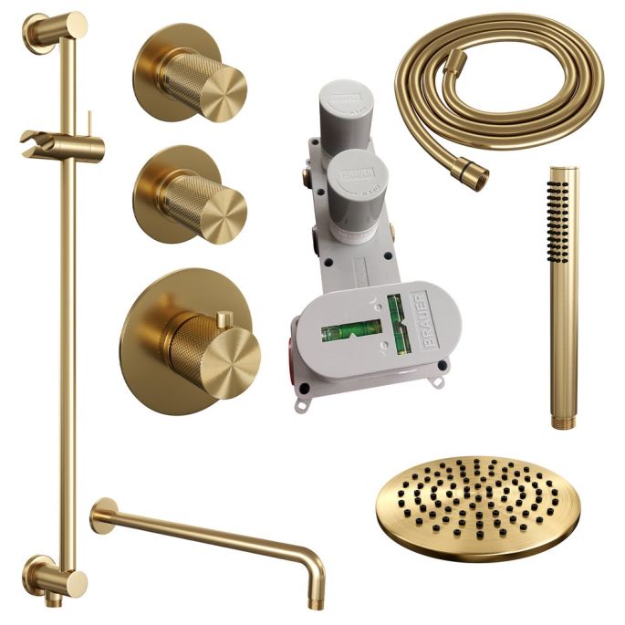 Brauer Carving 5-GG-111 thermostatische inbouw regendouche SET 15 met 20 cm douchekop en gebogen muurarm en staaf handdouche en doucheslang en geïntegreerde glijstang goud geborsteld PVD