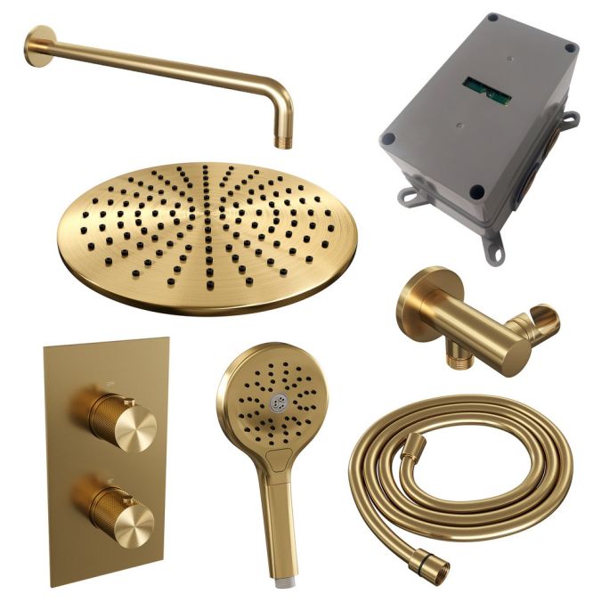 Brauer Carving 5-GG-130 thermostatische inbouw regendouche 3-weg omstelling SET 34 goud geborsteld PVD