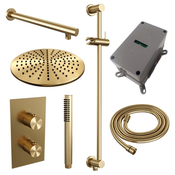 Brauer Carving 5-GG-134 thermostatische inbouw regendouche 3-weg omstelling SET 38 goud geborsteld PVD