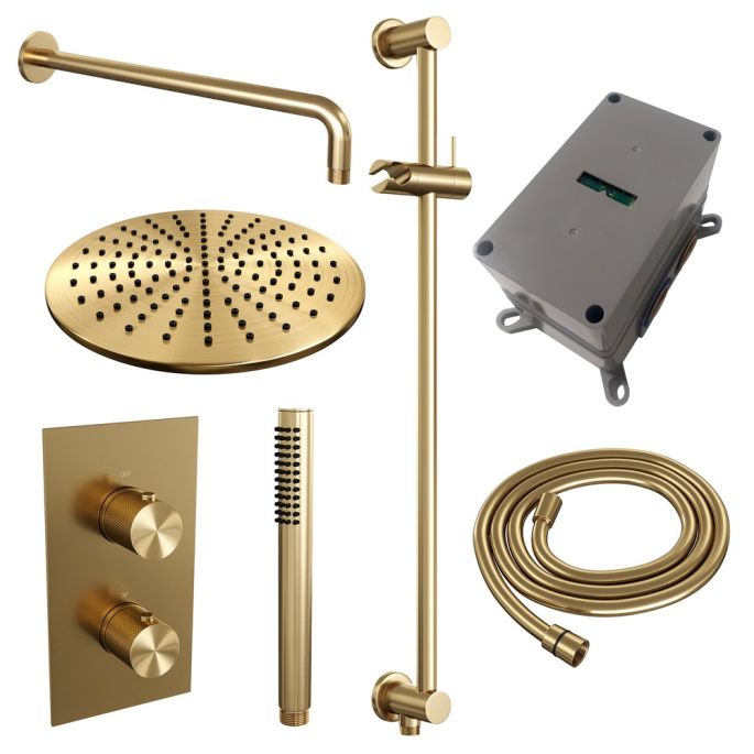 Brauer Carving 5-GG-136 thermostatische inbouw regendouche 3-weg omstelling SET 40 goud geborsteld PVD