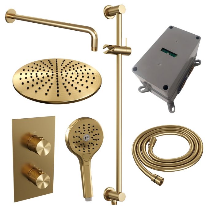Brauer Carving 5-GG-142 thermostatische inbouw regendouche 3-weg omstelling SET 46 goud geborsteld PVD