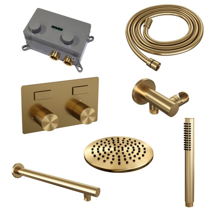 Brauer Carving 5-GG-184 thermostatische inbouw regendouche met drukknoppen SET 49 goud geborsteld PVD