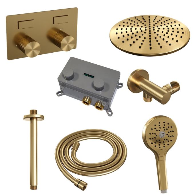 Brauer Carving 5-GG-195 thermostatische inbouw regendouche met drukknoppen SET 60 goud geborsteld PVD