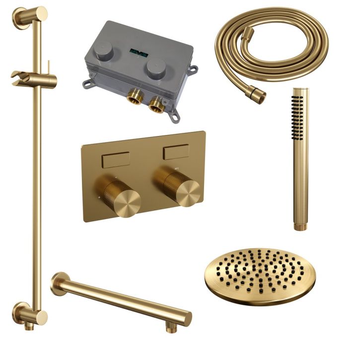 Brauer Carving 5-GG-196 thermostatische inbouw regendouche met drukknoppen SET 61 goud geborsteld PVD