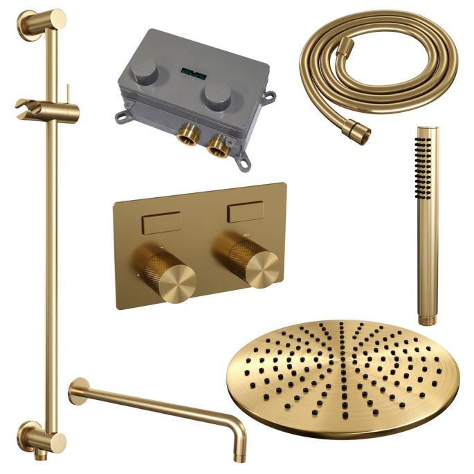 Brauer Carving 5-GG-199 thermostatische inbouw regendouche met drukknoppen SET 64 goud geborsteld PVD