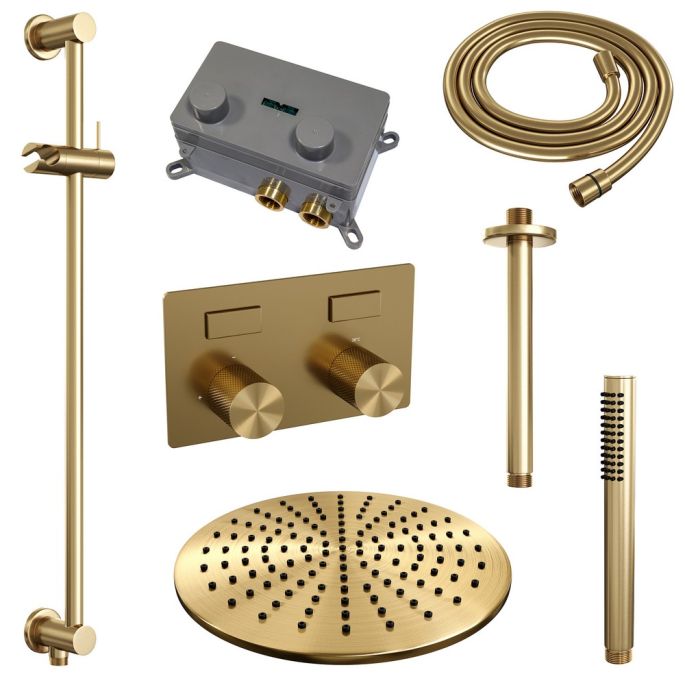 Brauer Carving 5-GG-201 thermostatische inbouw regendouche met drukknoppen SET 66 goud geborsteld PVD