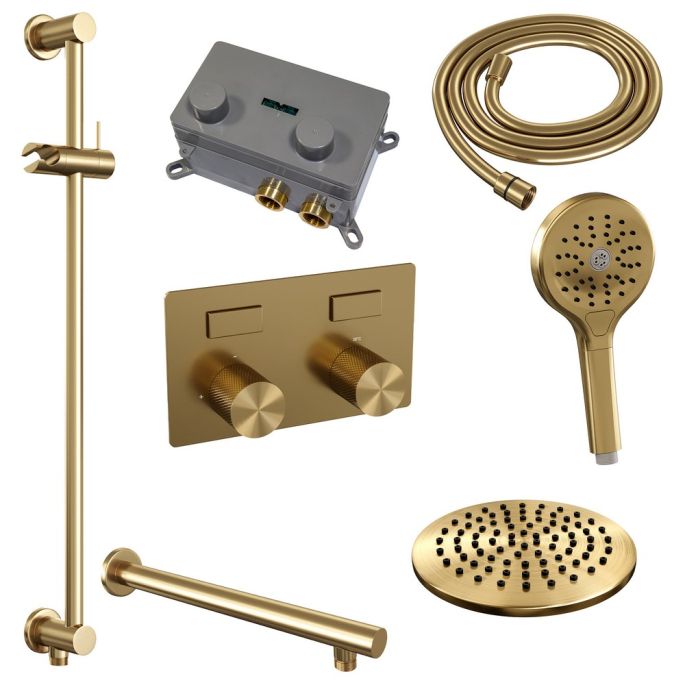 Brauer Carving 5-GG-202 thermostatische inbouw regendouche met drukknoppen SET 67 goud geborsteld PVD