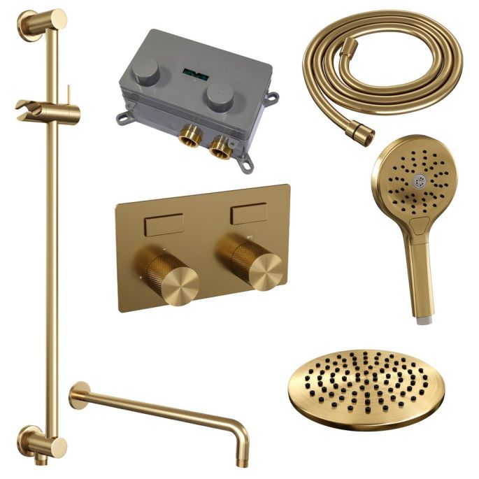 Brauer Carving 5-GG-204 thermostatische inbouw regendouche met drukknoppen SET 69 goud geborsteld PVD