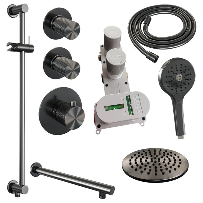Brauer Carving 5-GM-115 thermostatische inbouw regendouche SET 19 gunmetal geborsteld PVD