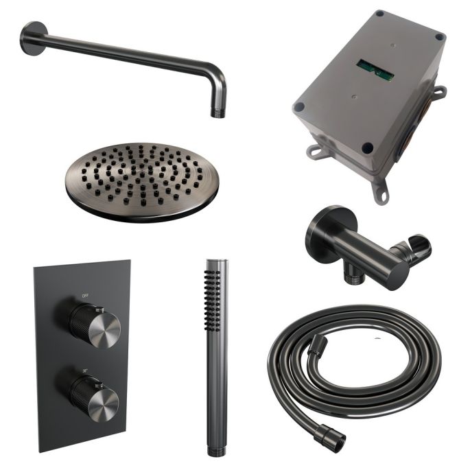 Brauer Carving 5-GM-123 thermostatische inbouw regendouche 3-weg omstelling SET 27 gunmetal geborsteld PVD