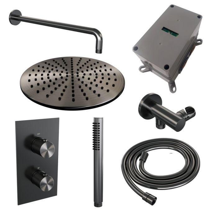 Brauer Carving 5-GM-124 thermostatische inbouw regendouche 3-weg omstelling SET 28 gunmetal geborsteld PVD