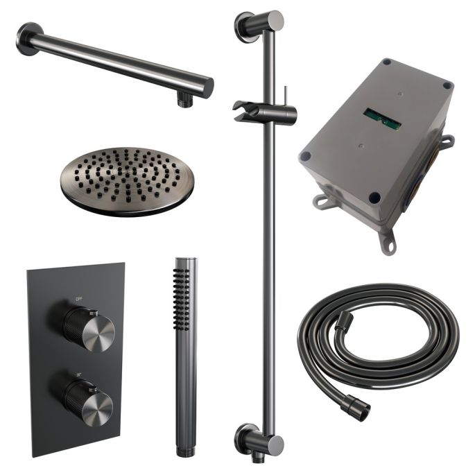 Brauer Carving 5-GM-133 thermostatische inbouw regendouche 3-weg omstelling SET 37 gunmetal geborsteld PVD