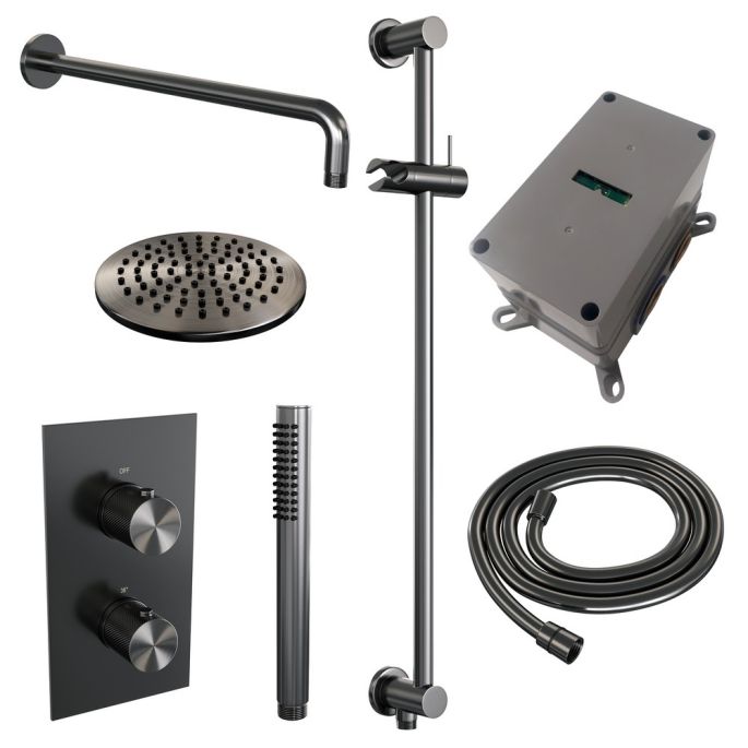Brauer Carving 5-GM-135 thermostatische inbouw regendouche 3-weg omstelling SET 39 gunmetal geborsteld PVD