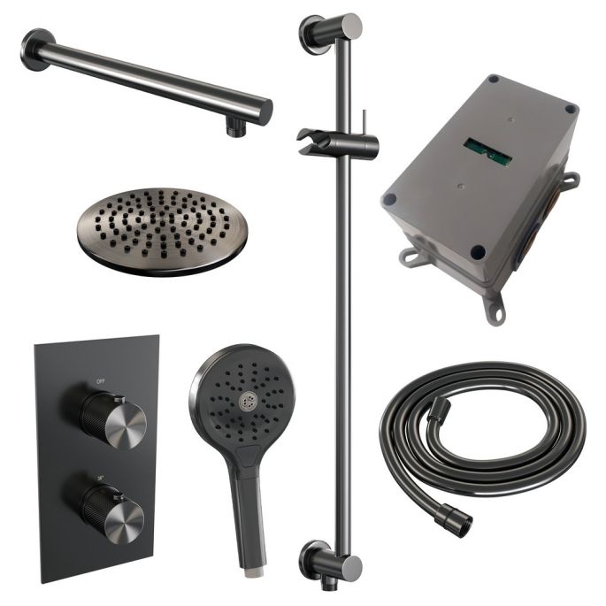 Brauer Carving 5-GM-139 thermostatische inbouw regendouche 3-weg omstelling SET 43 gunmetal geborsteld PVD