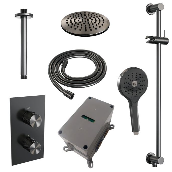 Brauer Carving 5-GM-143 thermostatische inbouw regendouche 3-weg omstelling SET 47 gunmetal geborsteld PVD