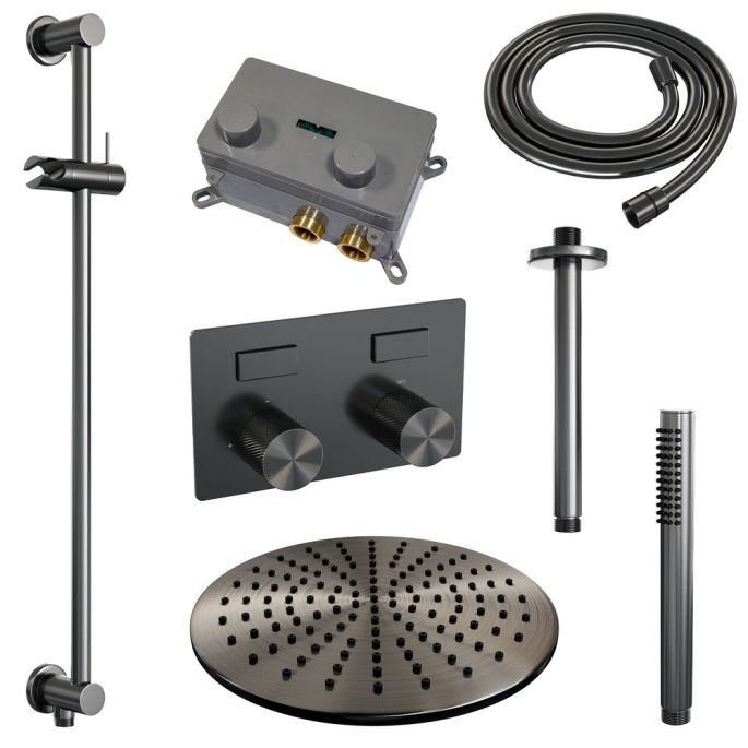 Brauer Carving 5-GM-201 thermostatische inbouw regendouche met drukknoppen SET 66 gunmetal geborsteld PVD