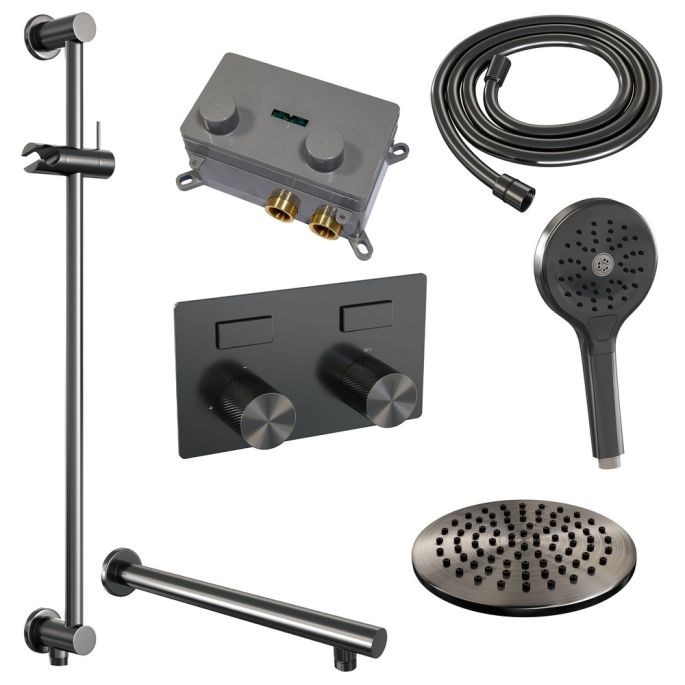 Brauer Carving 5-GM-202 thermostatische inbouw regendouche met drukknoppen SET 67 gunmetal geborsteld PVD
