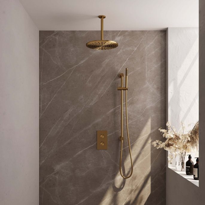 BrauerCarving 5-GG-138 thermostatic concealed rain shower 3-way diverter SET 42 gold brushed PVD