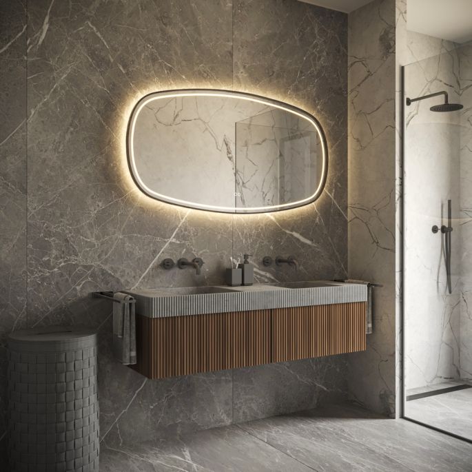 Phantom Mirrors Serie 009 009.100.65 Deens ovale LED spiegel op zwart frame, 100x65 cm met directe en indirecte led rondom
