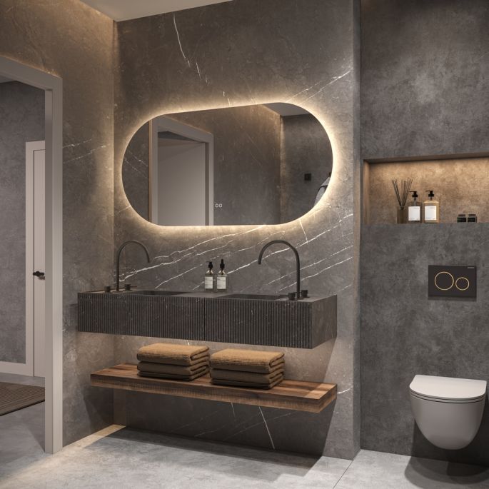 Phantom Mirrors Serie 005 005.100.70 ovaal rechte LED spiegel, 100x70 cm met directe en indirecte led rondom