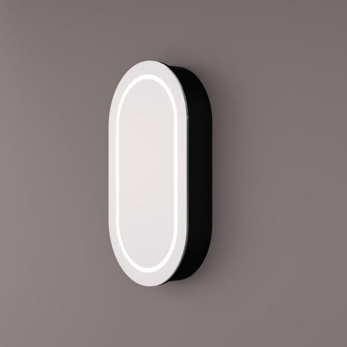 Hipp Design SPK 91045 luxury oval straight mirror cabinet in matt black with LED track all around 45x90x13cm