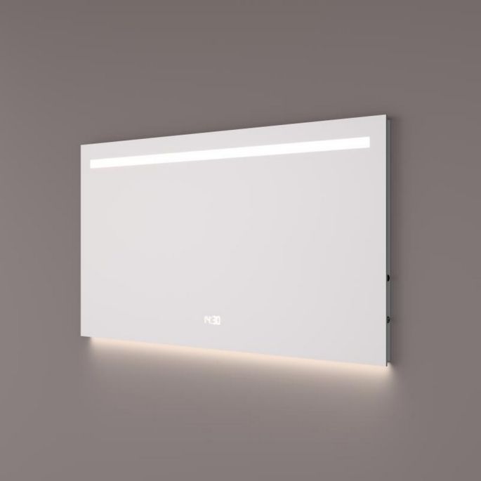 Hipp Design SPV 5040 spiegel 120x70cm met 1 horizontale LED baan, digitale klok, indirecte verlichting onder en spiegelverwarming