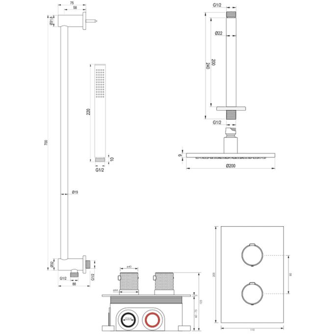 Brauer Carving 5-GK-137 Thermostat-Unterputz-Regenbrause 3-Wege-Umsteller SET 41 Kupfer gebürstet PVD