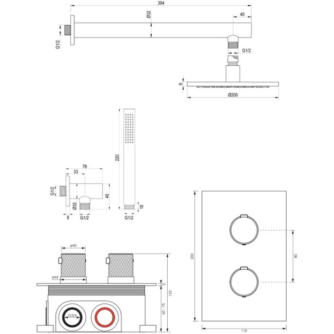 Brauer Carving 5-CE-121 thermostatische inbouw regendouche 3-weg omstelling SET 25 chroom