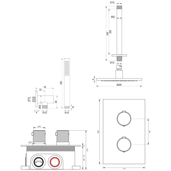 Brauer Carving 5-CE-125 thermostatische inbouw regendouche 3-weg omstelling SET 29 chroom