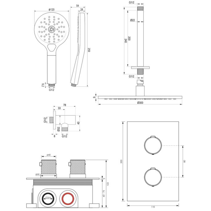 Brauer Carving 5-CE-132 thermostatische inbouw regendouche 3-weg omstelling SET 36 chroom