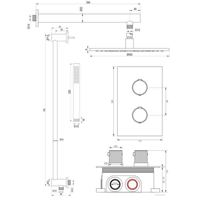 Brauer Carving 5-CE-134 thermostatische inbouw regendouche 3-weg omstelling SET 38 chroom