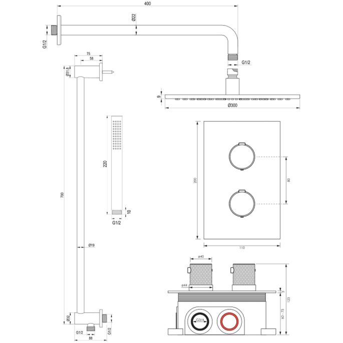 Brauer Carving 5-CE-136 thermostatische inbouw regendouche 3-weg omstelling SET 40 chroom