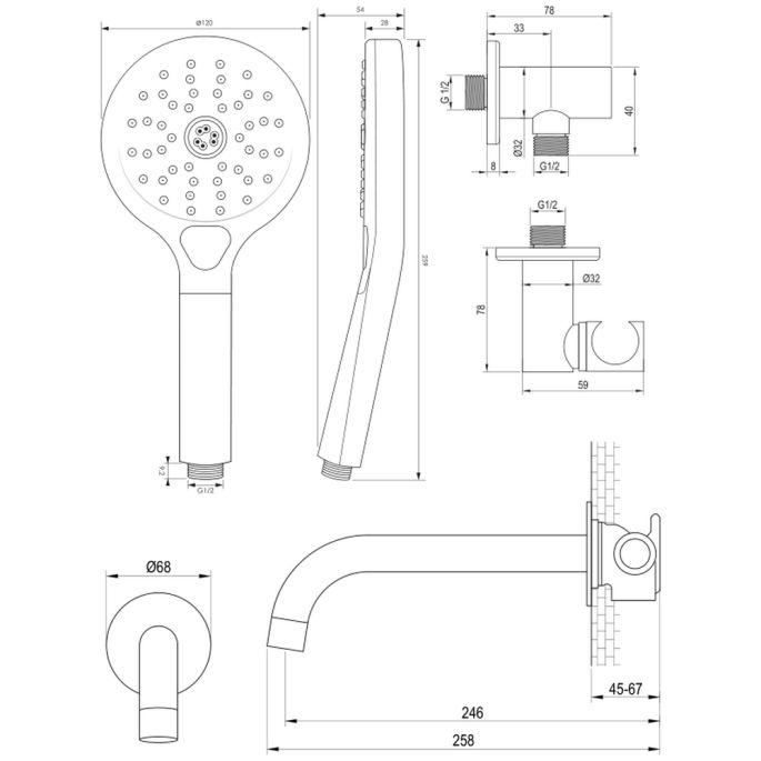 Brauer Carving 5-CE-215 Thermostat-Unterputz-Wannenbatterie mit Drucktasten SET 04 chrom