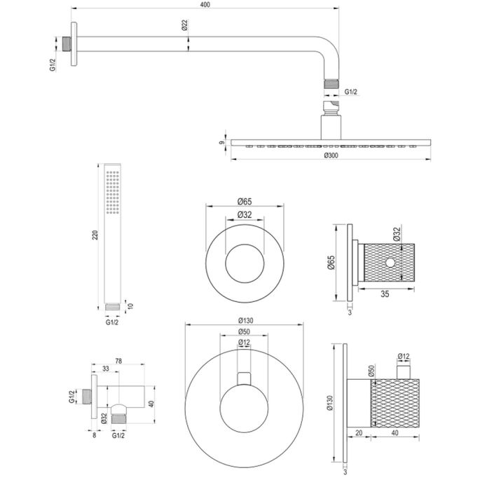 Brauer Carving 5-GG-100 thermostatische inbouw regendouche SET 04 met 30 cm douchekop en gebogen muurarm en staaf handdouche en doucheslang en wandaansluitbocht goud geborsteld PVD