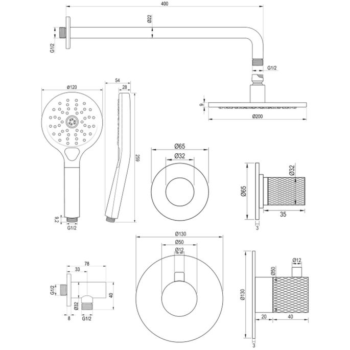 Brauer Carving 5-GG-105 thermostatische inbouw regendouche SET 09 met 20 cm douchekop en gebogen muurarm en 3-standen handdouche en doucheslang en wandaansluitbocht goud geborsteld PVD