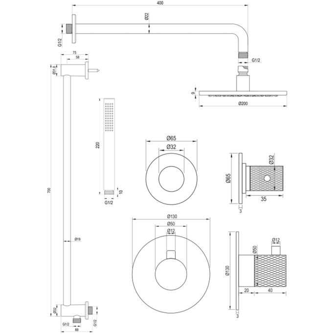 Brauer Carving 5-GG-111 thermostatische inbouw regendouche SET 15 met 20 cm douchekop en gebogen muurarm en staaf handdouche en doucheslang en geïntegreerde glijstang goud geborsteld PVD