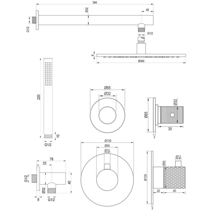 Brauer Carving 5-GK-098 thermostatische inbouw regendouche SET 02 met 30 cm douchekop en rechte muurarm en staaf handdouche en doucheslang en wandaansluitbocht koper geborsteld PVD