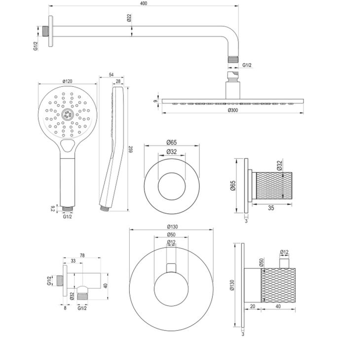 Brauer Carving 5-GK-106 thermostatische inbouw regendouche SET 10 koper geborsteld PVD