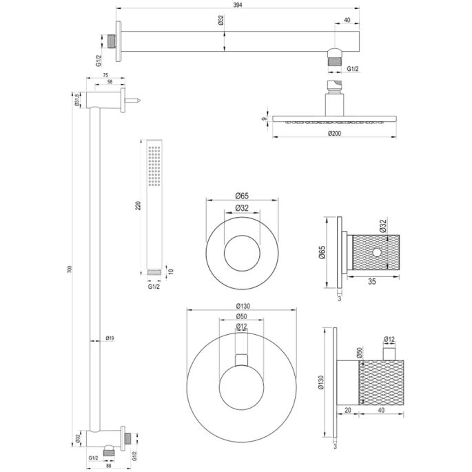 Brauer Carving 5-GK-109 thermostatische inbouw regendouche SET 13 koper geborsteld PVD