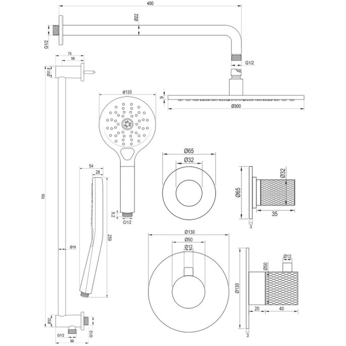 Brauer Carving 5-GK-118 thermostatische inbouw regendouche SET 22 koper geborsteld PVD