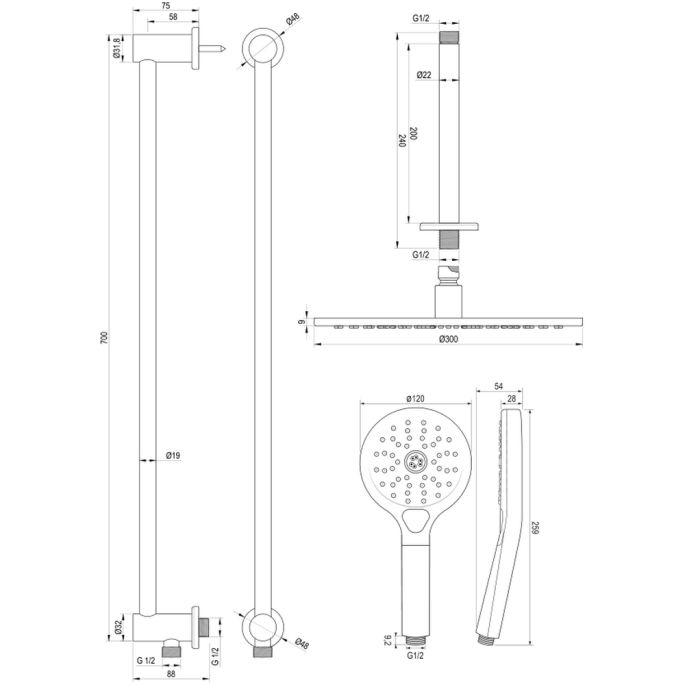 Brauer Carving 5-GK-120 thermostatische inbouw regendouche SET 24 koper geborsteld PVD