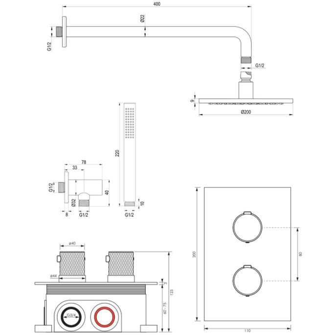 Brauer Carving 5-GK-123 thermostatische inbouw regendouche 3-weg omstelling SET 27 koper geborsteld PVD