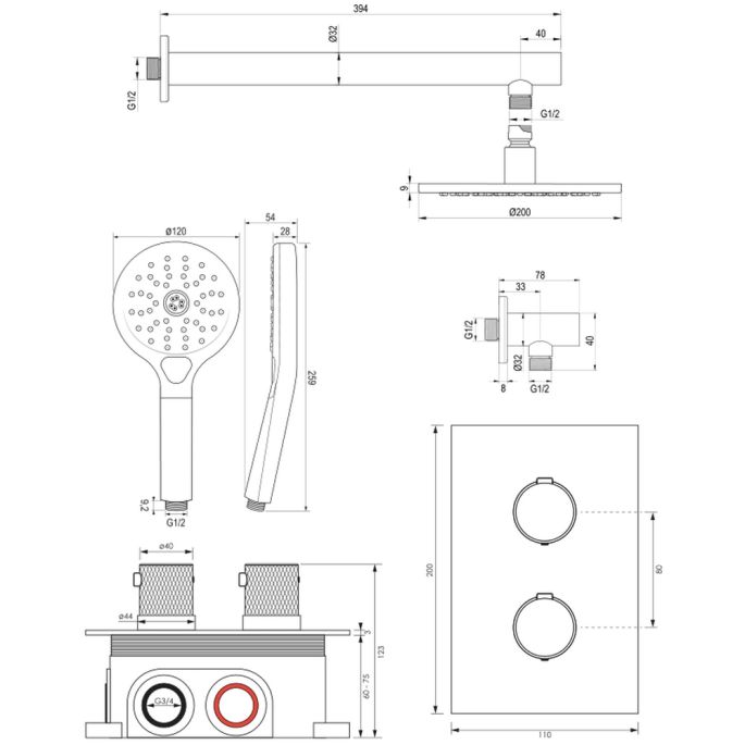 Brauer Carving 5-GK-127 thermostatische inbouw regendouche 3-weg omstelling SET 31 koper geborsteld PVD