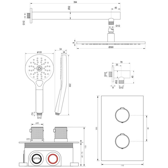 Brauer Carving 5-GK-128 thermostatische inbouw regendouche 3-weg omstelling SET 32 koper geborsteld PVD