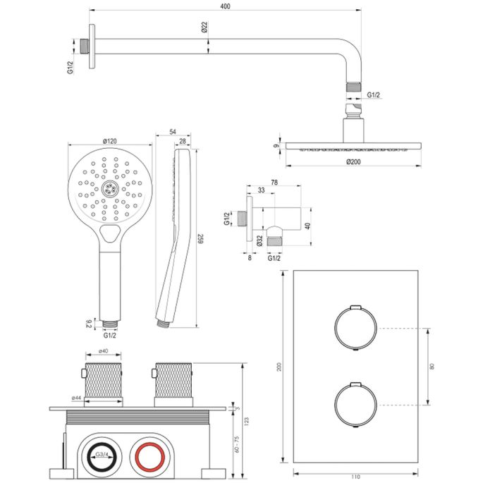 Brauer Carving 5-GK-129 thermostatische inbouw regendouche 3-weg omstelling SET 33 koper geborsteld PVD